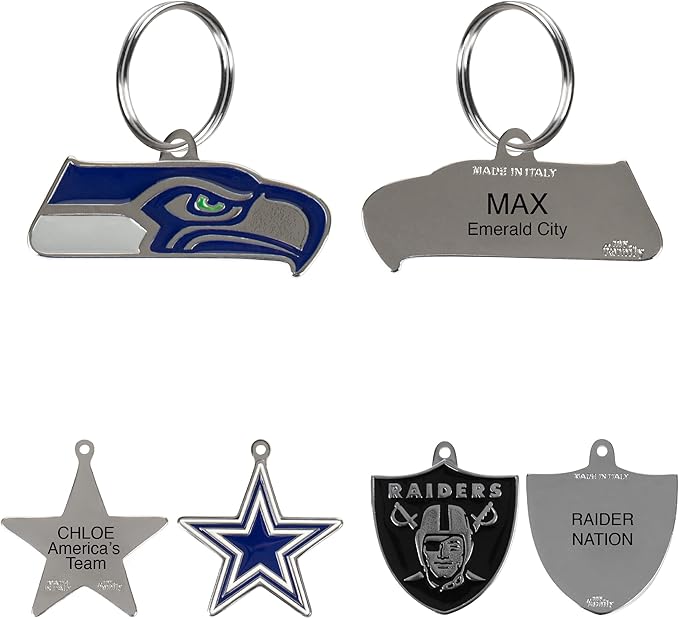 NFL Seattle Seahawks Engraving Pet ID Shapes - 32 Team Logo Dog & Cat Tags with 3 Lines of Custom Text for Tracking & Safety - Stainless Steel Pet ID Tags