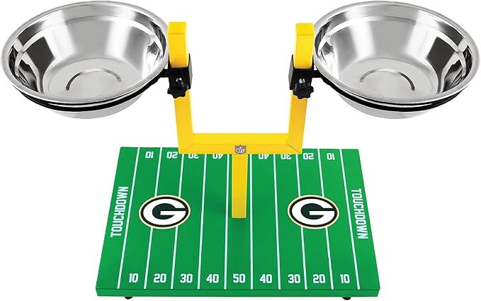 NFL Green Bay Packers Goalpost Football Field Dog Feeder – Adjustable Elevated Dog Bowls with Stand, 2 Stainless Steel Bowls, Non-Slip Rubber Feet, Raised Pet Feeder for Large & Small Dogs, Cats.