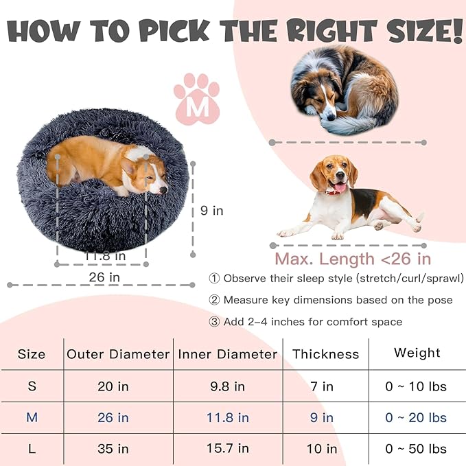 Himax Medium Dog Bed, Round Dog Bed with Blanket Attached, Comfort Fluffy Calming Dogs Beds Washable (20"/26"/35") Deep Grey