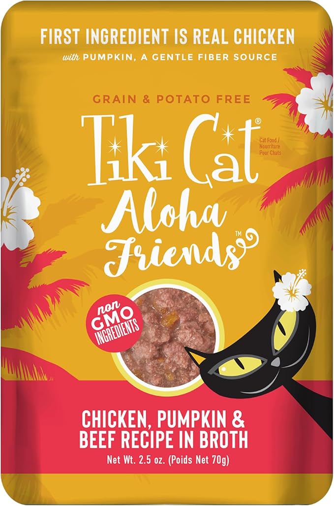 Tiki Cat Aloha Friends, Chicken, Pumpkin & Beef, Grain-Free & High Moisture, Wet Cat Food for All Life Stages 2.5 oz. Pouch (12 Count)