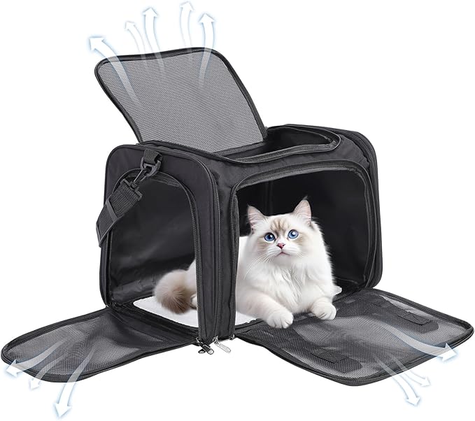 Cat Carrier Soft, Collapsible Cat Bag Carrier, TSA Airline Approved Pet Carrier for Cats with Removable Mat, Breathable Pet Travel Carrier for Small Medium Adult Pussy & Small Dogs (Black)
