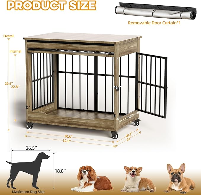 32" Dog Crate Furniture, Double Door Wooden Indoor Dog Kennel Furniture, Decorative Pet Cage End Table with Wheels for Medium and Small Breed Dogs, Size M, Rustic Brown
