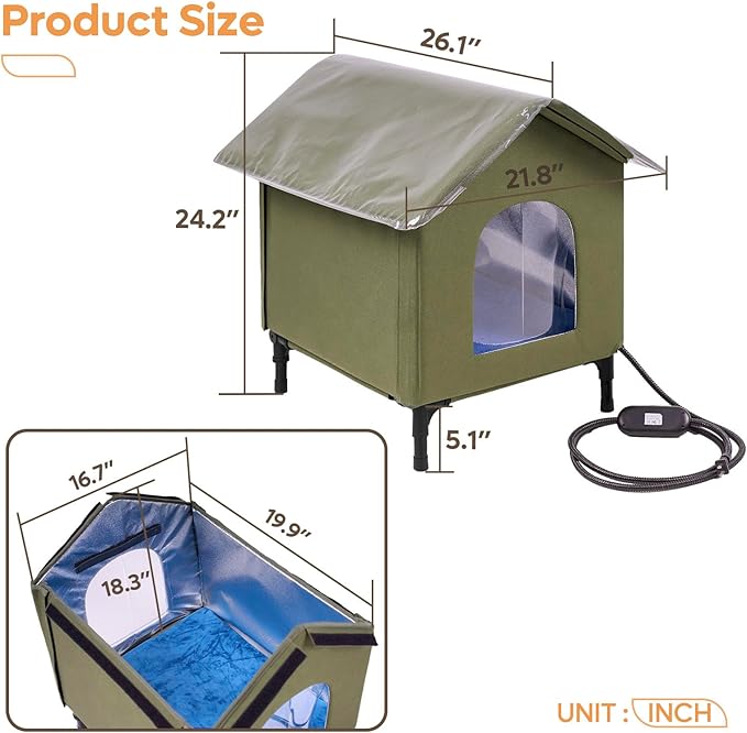 Large Heated Cat House for Outside, Insulated Weatherproof Outdoor Feral Cat House with Timer & Adjustable Temperature Heater Pad, Elevated Pet House with Escape Door for Winter, Barn, Porch