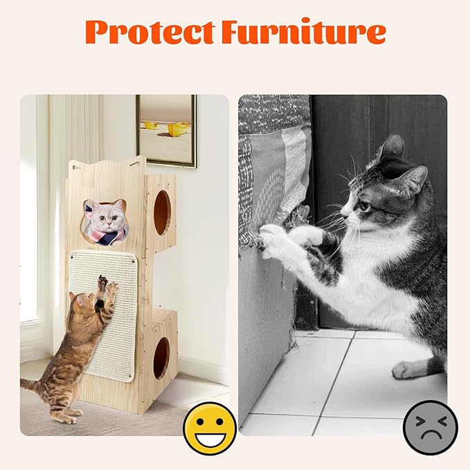 Cat Tower Scratcher, Cat House with Scratching Pad Horizontal Vertical Solid Wooden Cat Tree Furniture with Creative Cat House Condo for Indoor Cats Sunbathing, Relaxing and Sightseeing