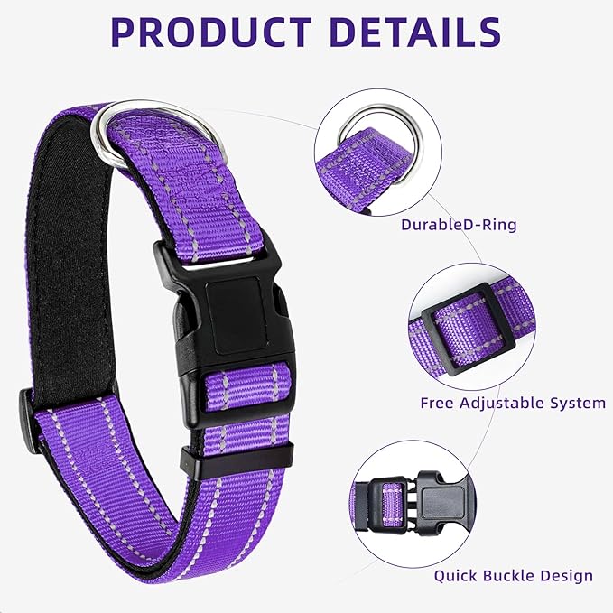 Reflective Dog Collar, Soft Neoprene Padded Nylon Pet Collar with Quick-Release Buckle, Adjustable for Extra Large Dogs,Purple,XL