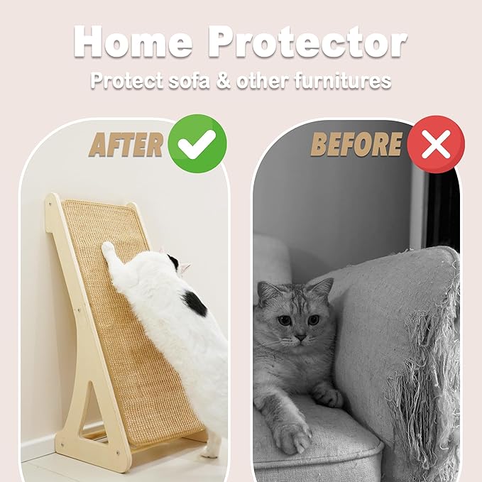 Meeyoview Sisal Cat Scratcher Ramp, 27'' L Shape Scratching Post, Vertical Cat Scratcher for Indoor Cats, Solid Wooden Scratch Pad, Furniture Protector with Catnip(Triangle)