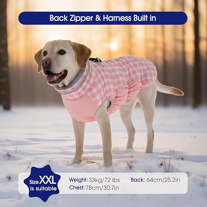 FUAMEY Dog Coat for Small Dogs,Waterproof Dog Winter Jacket with Harness Built in Puppy Cold Weather Coats Reflective Pet Vest with Zipper Warm Fleece Dogs Snowsuit Windproof Pink Plaid XS