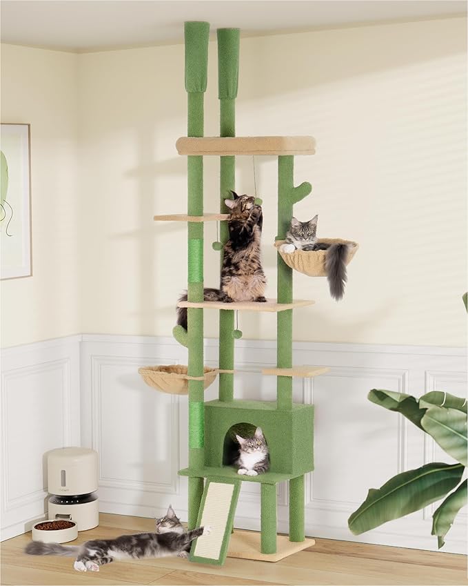 Cat Tree Floor to Ceiling with 18.9in Big Perch Bed and Condo for Large Adult Cats, 86in-108in Heavy Duty Cat Tower for Indoor Cat Pet, Cactus Green