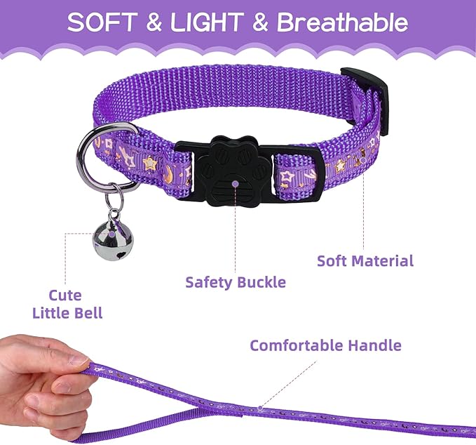 PAWCHIE Cat Harness with Leash and Collar Set - Escape Proof Adjustable H-shped Cat Harness with Star and Moon Pattern Glow in The Dark for Kitty Outdoor Walking, Purple M