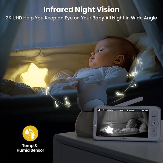 ieGeek Baby Monitor with 2 Cameras, 5" Large Screen Split-Screen Video Baby Monitor | 2K HD Non-WiFi Monitor with App & Parent Unit | Night Vision, 2-Way Audio, Cry Detection, Temperature Sensor