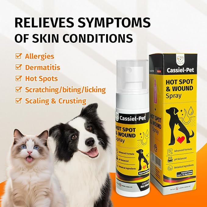Hot Spot Spray for Dogs, Itch Relief Spray & Hot Spot Treatment for Dogs, Cats, Helps Alleviate Sensitive Skin, Scratching, and Licking of Coat, for All Animals, 2.02oz