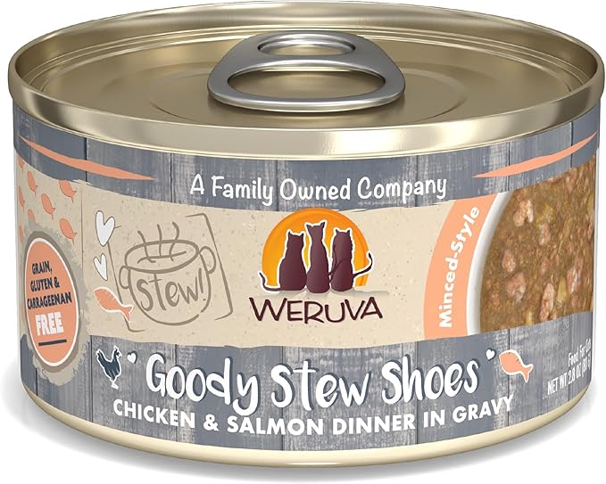 Weruva Classic Cat Stews!, Goody Stew Shoes with Chicken & Salmon in Gravy, 2.8oz Can (Pack of 12)