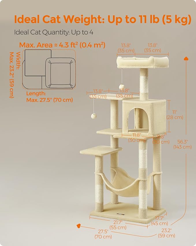 Feandrea Cat Tree, 56.3-Inch Cat Tower for Indoor Cats, Multi-Level Cat Condo with 4 Scratching Posts, 2 Perches, Hammock, Cave, Beige UPCT161M01