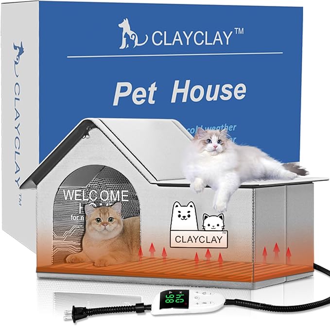 Heated Cat House for Outside Pets in Winter，Winter Shelter for Indoor Outdoor Ferals,Cats & Small Dogs with Heating Pad，Kitty Heated House with Waterproof Suitable for All Seasons(21"D x 15"W x 17"H)