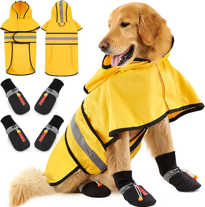 Dog Raincoat Jacket and Dog Shoes, Reflective Adjustable Hooded Pet Poncho Rain Coat with Leash Hole for Large Medium Dogs, Water-Resistant Skid-Resistant Sole, for Dogs Weighing80-50lbs, Yellow(L)