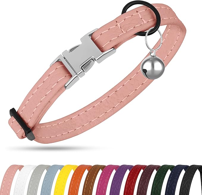 Leather Cat Collar with Buckle and Removable Bell - Non Breakaway Adjustable Soft Safety Small Pet Collars for Girl Boy Cats Kitten (Flamingo)