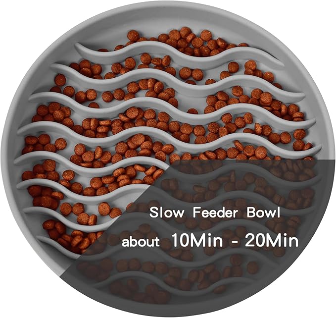Slow Feeder Dog Bowls, Silicone Food Bowl Anti-Gulping, Pets Puppy Slow Feeder with Suction Cups, Dishwasher Microwave Safe for All Small Medium Dogs, Wave Design Grey