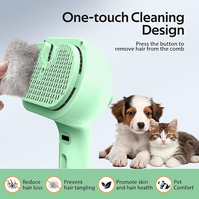 Pet Grooming Brush with Electronic Mist Spray - Gentle Deshedding Tool for Cats & Dogs, Pet Steam Brush，Reduces Shedding, Soft Bristles, Promotes Healthy Coat-Comes with a hair smoothing comb-Greener