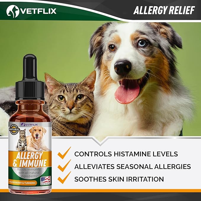 Allergy & Immune Drops for Dogs & Cats - Natural Supplement with Turmeric & Milk Thistle - Seasonal Allergy Relief & Immune Support - 2 Fl Oz