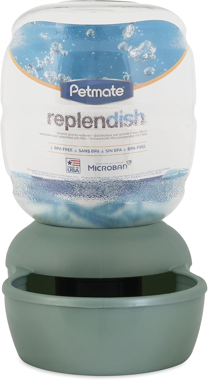 Petmate Replendish Automatic Gravity Waterer for Cats and Dogs, BPA-Free, No Batteries Required, Includes Charcoal Filter, 4 Gallons,Green, Made in USA