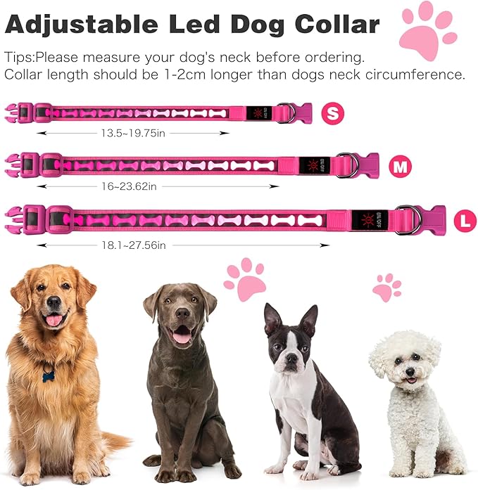 Flashseen Light Up Dog Collars, Adjustable LED Dog Collar Rechargeable, Glow in The Dark Dog Collars Super Bright Glow Collars for Night Walking for Dogs (Pink, Small)