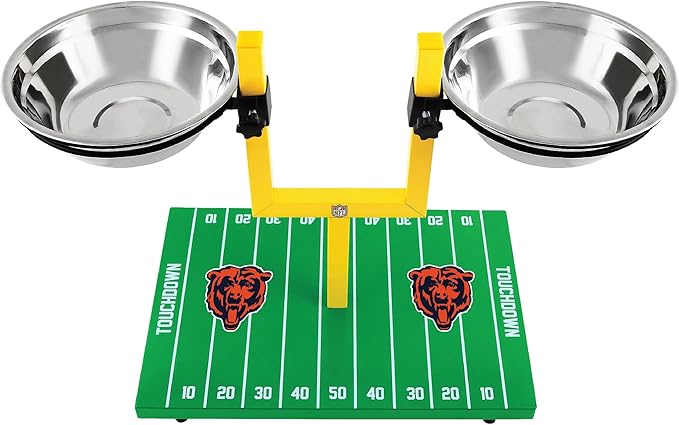 NFL Chicago Bears Goalpost Football Field Dog Feeder – Adjustable Elevated Dog Bowls with Stand, 2 Stainless Steel Bowls, Non-Slip Rubber Feet, Raised Pet Feeder for Large & Small Dogs, Cats.