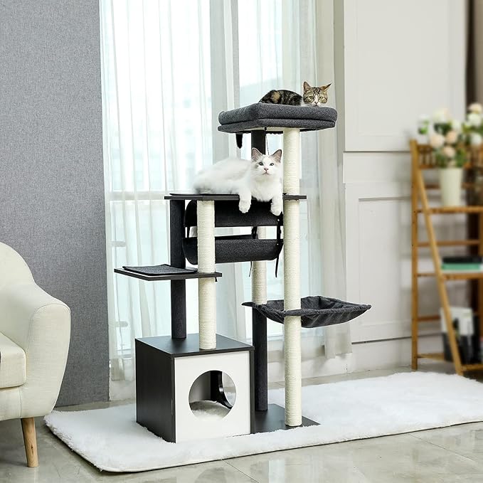 PEQULTI 51.4 Inches Modern Cat Tree Premium 6 Levels Wooden Cat Tower with Fully Sisal Covered Scratching Posts, Cozy Condo, Spacious Perch, Super Large Hammock and Swing Tunnel for Indoor Cats Gray