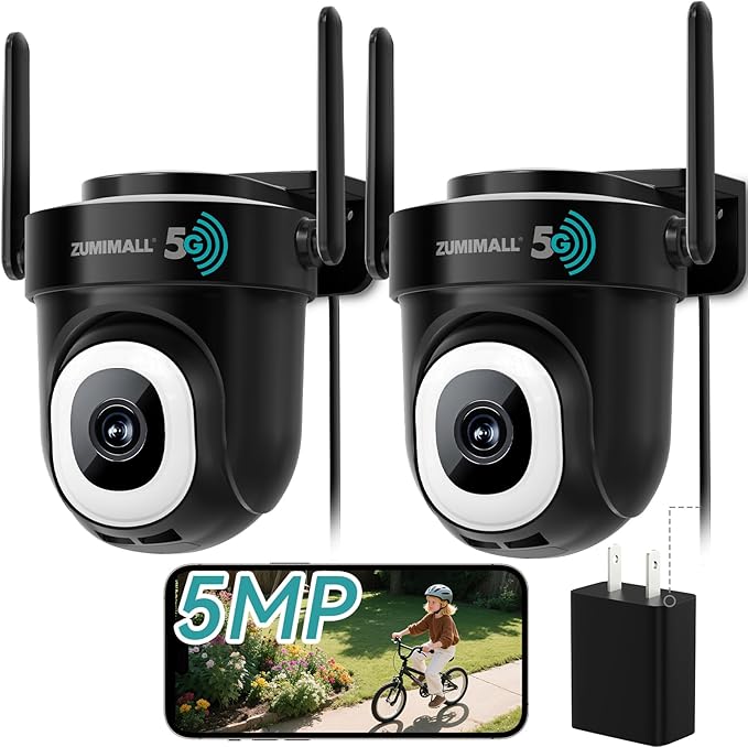 ZUMIMALL 5MP 5G WiFi Security Camera 2-Pack Black, 24/7 Recording, 360° PTZ Auto Tracking, Support SD Storage, Color Night Vision, AI Detection, 2-Way Talk, Compatible with Alexa & Cloud Edge