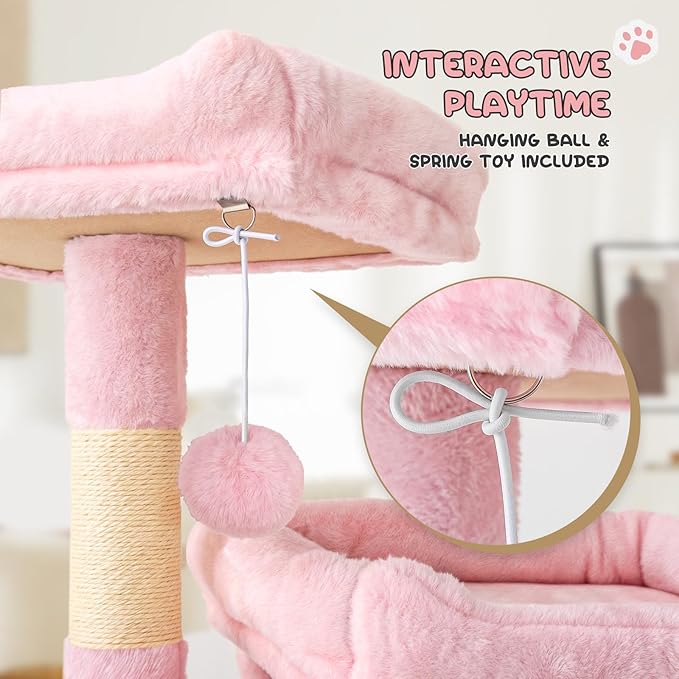MoNiBloom 58 Inch Cat Tree Tower for Indoor Cats Large Adults, Pink Cat Tower with Scratching Post & Hammock, Pet Play House with Cat Condo, Soft Pink