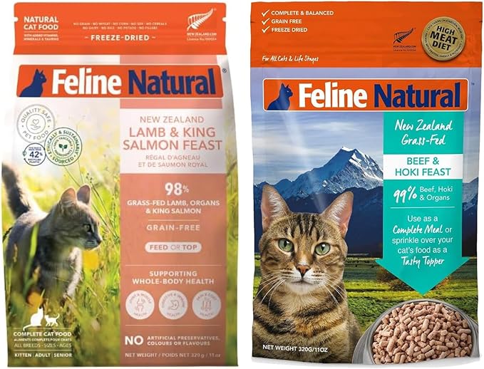 Feline Natural High Protein Dry Cat Food, Freeze-Dried Diet with 98% Meat, Organs & Seafood, No Peas, Grains, or Artificial Additives, Made in New Zealand, Lamb & King Salmon + Beef & Hoki, 11oz