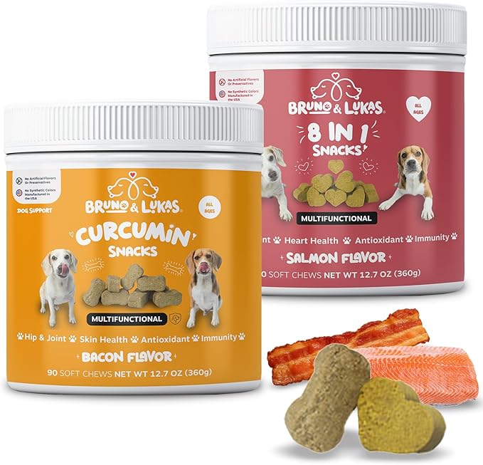 Turmeric & Multivitamin Chews for Dogs – Joint Health, Pain Relief, Mobility, Muscle Relaxation Skin and Coat Support with MSM, Glucosamine, Omega Fish Oil, Vitamin E & Antioxidants (90 Ct Each)