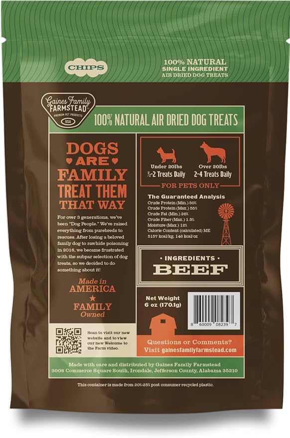 Gaines Family Farmstead Beef Chips for Dogs – 6 oz, Natural Single-Ingredient Dog Treats, High-Protein Rawhide-Free Chews, Healthy Grain-Free Snacks, Made in USA