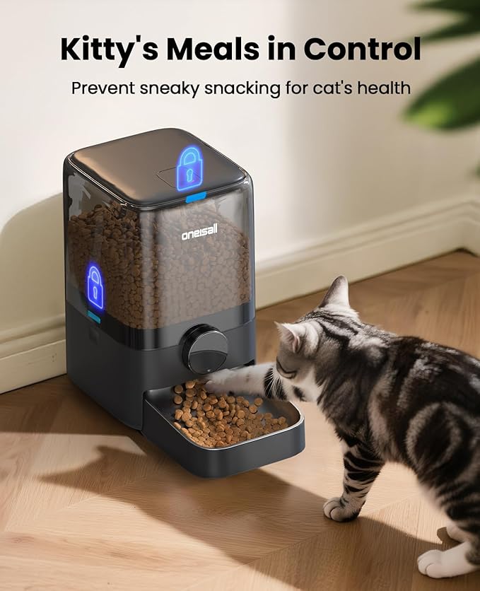 oneisall Automatic Cat Feeder for Large Kibble and Snacks, 20 Cups/5L Timed Pet Feeder for Cats Indoor, Programmable Dry Food Dispenser (Black)