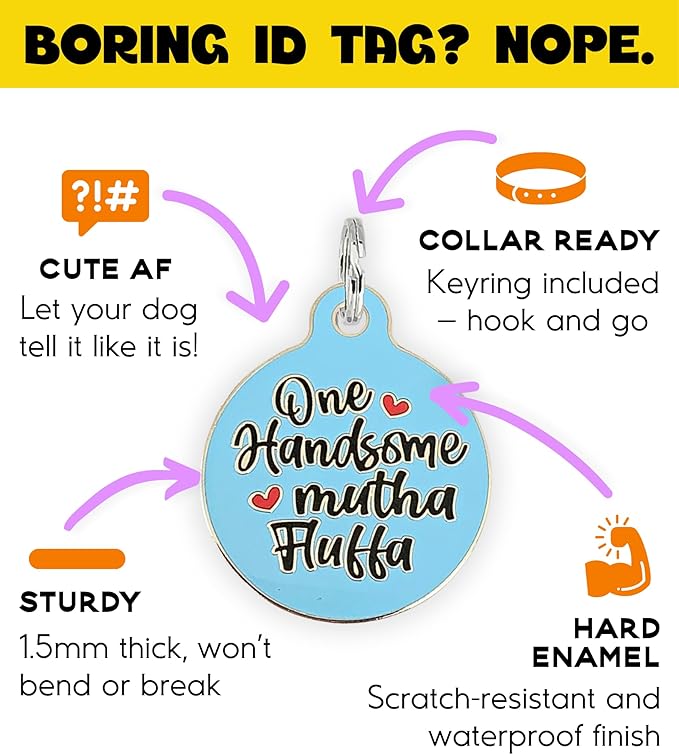 Personalized QR Code Dog Tags - Choose from 25+ Tag Designs - QR Code Links to Your Profile - Unique, Cute, Funny, Sassy Pet ID Tag (One Handsome Mutha Fluffa, Large (1.25 inch))