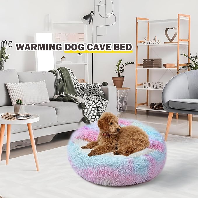 Cat Bed Calming Cat Beds,Indoor Washable Cat Bed，Anti-Slip Faux Fur Fluffy Cuddler Anxiety Cat Bed,Warming Cuddler Cushion Bed for Small Medium Dogs and Cats (Dazzling colors, 20*20inch)