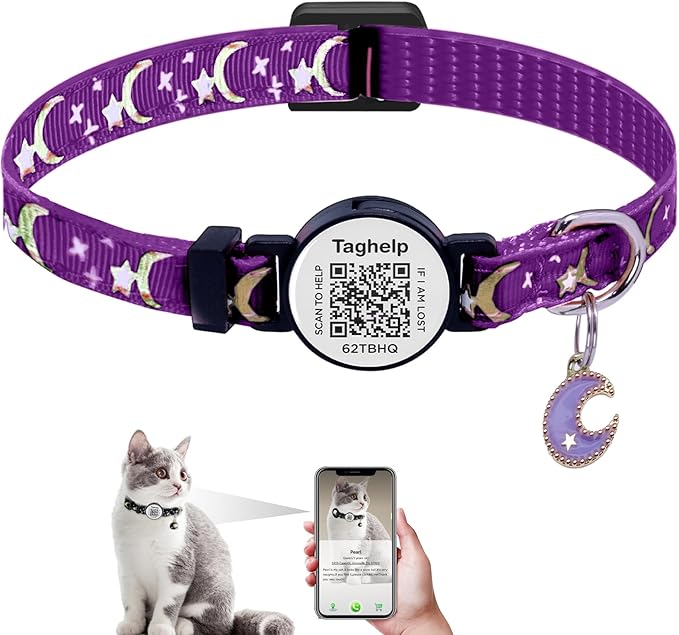Cat Collar Stars and Moon, Reflective no Bell, Solid & Safe Collars for Cats, Nylon, Kitty Collars, Pet Collar, Breakaway Cat Collar with Smart ID Tags for Boy & Girl,NO APP (Purple)