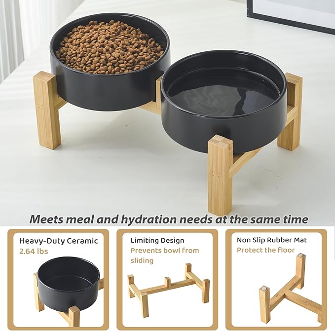 Elevated Ceramic Dog Bowl Set - Raised Dog Bowls with Non Slip Bamboo Stand, Food and Water Bowl Set for Kitty, Cats and Toy Breed Dogs, Pet Bowls, Weighted Dogs Dishes (5.1'', 2*16OZ, Black)