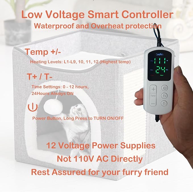 Heated Cat Bed Indoor w/ 12V Electric Heating Pad, Thermal Warming Heated Pet Bed House for Indoor Cats w/Scratching Post, Covered Cat Cave Beds & Furniture Foldable Cat Hideaway, 24x16x15