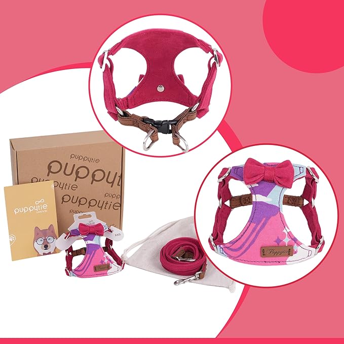 Puppytie No Pull Dog Harness with Multifunction Dog Leash,Soft Adjustable No Choke Escape Proof Pet Harness Vest for Medium Dogs,Suede Bow Wine red,M