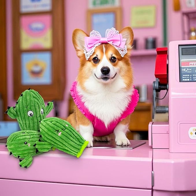 No Stuffing 3 Pack Squeaky Dog Toys- 2 in 1 Interactive Plush Dog Toy- Cactus Shaped Rip and Reveal Toy for Puppies- Perfect for Indoor & Outdoor Play- Training & Toss & Play