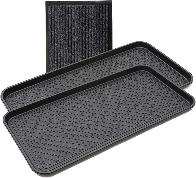 2 Pack Multi-Purpose 30x15 Tray with a Bonus Doormat for Boots, Shoes, Plants, Pet Food, Pet Cage, Litter Box. Decorative Large Boot Tray with Lip/Sides for Indoor/Outdoor Entryway
