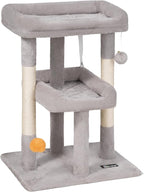 FourFurPets Small Cat Tree, Multi-Level Cat Tree for Indoor Cats, Cat Tower with Scratching Post, Cat Condo for Kittens,Toy Balls, 2 Soft Platform, Light Gray