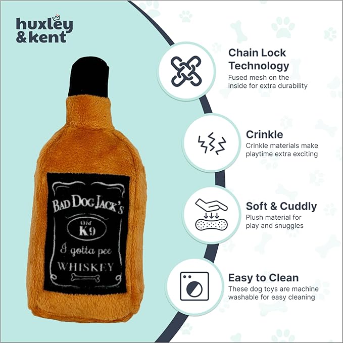 Huxley & Kent Funny Dog Toy w/Squeaker – Power Plush Squeaky Dog Toys for Small Dogs – Durable Small Stuffed Animal for Indoor Play & Fetch - Tiny Tuff Bad Dog Jack's Whiskey