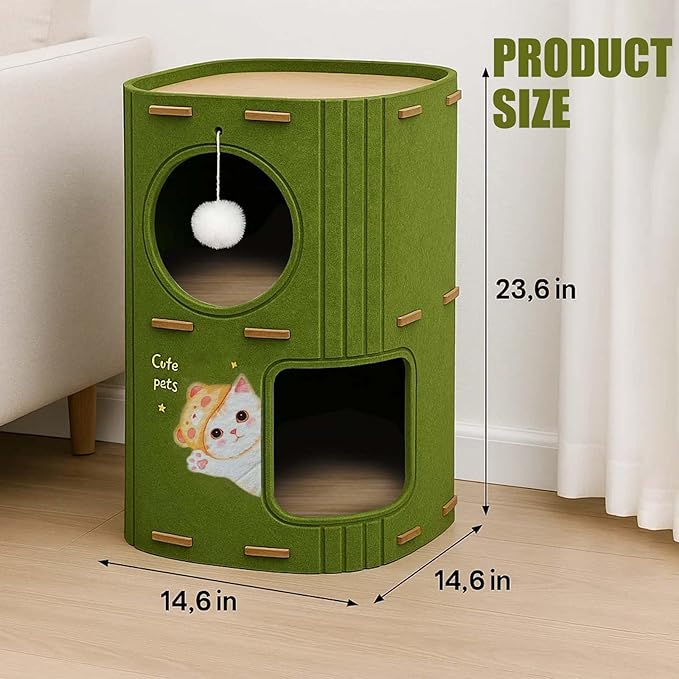 2-Tier Felt Cat House & Tunnel Bed for Indoor Cats – Enclosed Felt Cat Cave Condo with Plush Ball & Cushion – Cozy Hideaway Nest & Cat Furniture, Large Covered Casa para Gatos