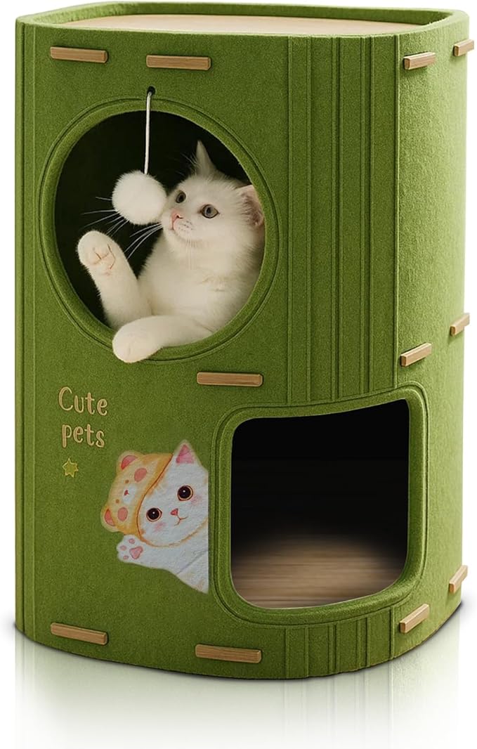 2-Tier Felt Cat House & Tunnel Bed for Indoor Cats – Enclosed Felt Cat Cave Condo with Plush Ball & Cushion – Cozy Hideaway Nest & Cat Furniture, Large Covered Casa para Gatos