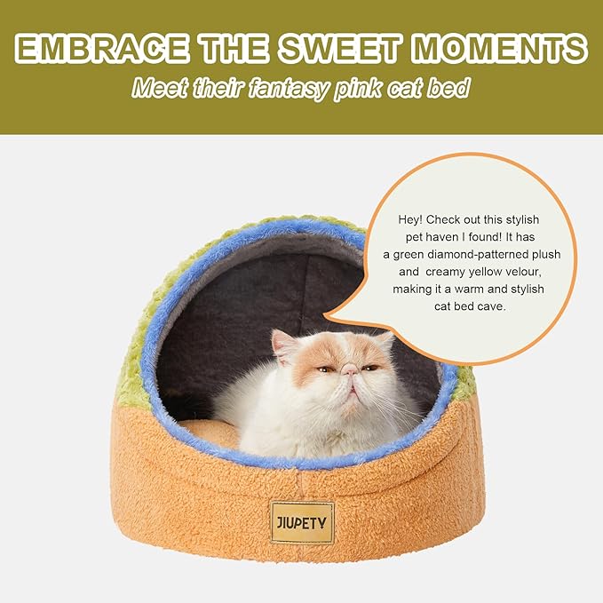 Jiupety Cat Beds for Indoor Cats, Cat Cave Bed and Kitten Bed, Hideway Cat House and Cat Tent with Anti-Slip Bottom, Washable Removable Cushion, M(16"x16"x13"), Green.