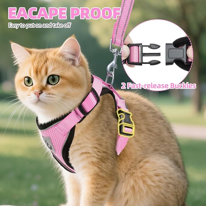 PUPTECK Cat Harness and Leash Set Escape Proof Reflective Cat Walking Harness Adjustable Soft Breathable Mesh Vest for Small Pets, Light Pink, XS
