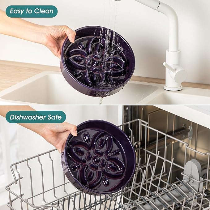 vancasso Ceramic Slow Feeder Dog Bowls, Puzzle Dog Food Bowls with Floral Maze, Anti -Slip Pet Food Dish for Medium Breed, 1.5 Cups, Purple