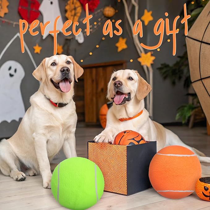 SCENEREAL Giant Tennis Ball for Dogs 2 Pack,Upgraded Thicken 9.5" Large Tennis Balls for Dogs,Halloween Dog Toys Birthday Gift, Inflatable Interactive Ball for Large Medium Big Dog,Durable Toy