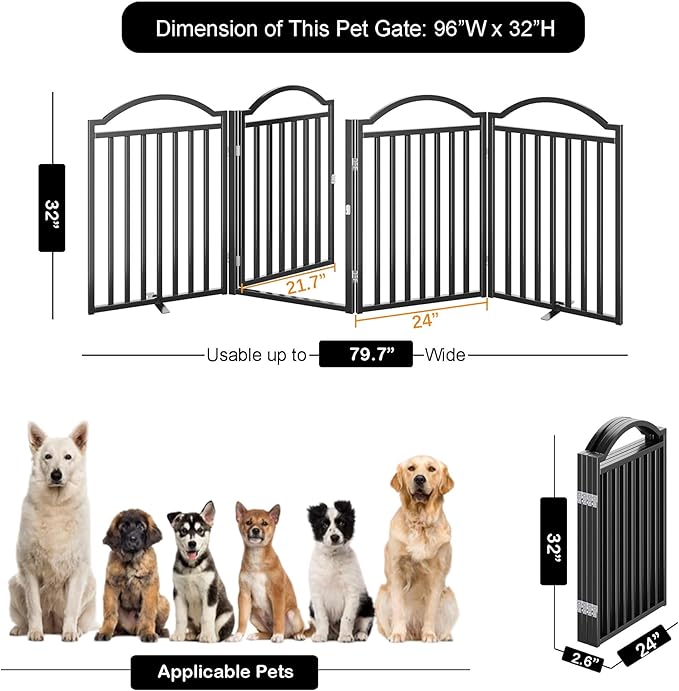 UDD Metal Folding Dog Gate Indoor 96" Extra Wide, 32" Tall Foldable Pet Gate with Door for Stairs Doorways Hallways Porch, Freestanding No Drilling Pet Fence for Dogs Puppy, Black 4-Panel